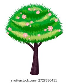 Baum mit großen grünen sphärischen Kronenblüten mit rosa Blumen. Vektortexturmuster eines afrikanischen Baumes. Halbkreisförmige mächtige Spitze des Frühlingslaubs auf dunklem Stamm. Blühende Pflanze einzeln auf weißem Hintergrund