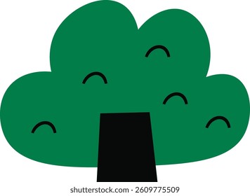 A tree with a large rounded canopy and smiling faces, drawn in a minimalist style. The trunk is solid with curved lines depicting cheerful expressions. Cartoon vector illustration.