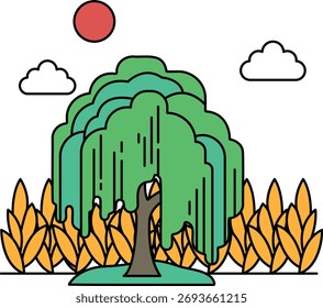 A tree with a large trunk and branches is shown in a field with a cloudy sky in the background. The tree is the main focus of the image, and the cloudy sky adds a sense of calmness