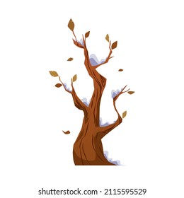 Tree in late autumn seasons with yellow leaves and snow, flat vector illustration isolated on white background. Concept of weather change, nature and environment.
