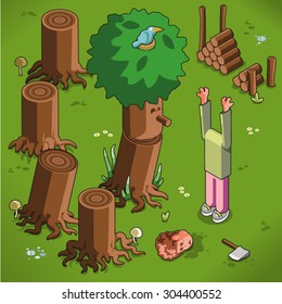 Tree laughing at an unsuccessful lumberjack who accidentally chopped off his own head (isometric illustration)