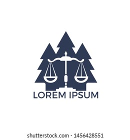 Tree law logo design. Law scale and pine trees vector logo concept.