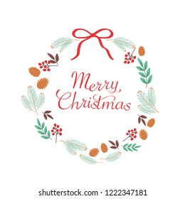 Tree leaf and berry wreath illustration for christmas