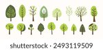 Tree and leaf collection hand drawn flat design element. botanical set of bare trees and ones with leaves and lush limited pastel color