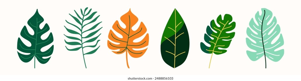Colección de árbol y hoja dibujada a mano elemento de diseño plano. conjunto botánico de árboles desnudos y unos con hojas y exuberante color pastel limitado