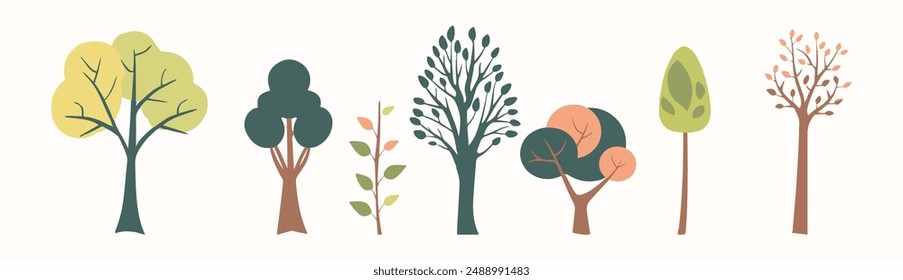 Tree and leaf collection hand drawn flat design element. botanical set of bare trees and ones with leaves and lush limited pastel color