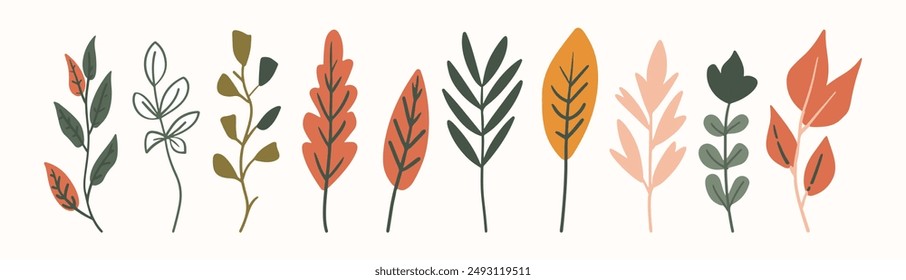 Colección de árbol y hoja dibujada a mano elemento de diseño plano. conjunto botánico de árboles desnudos y unos con hojas y exuberante color pastel limitado