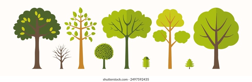 Elemento de diseño plano dibujado a mano de la colección del árbol y de la hoja. conjunto botánico de árboles desnudos y unos con hojas y color pastel limitado exuberante