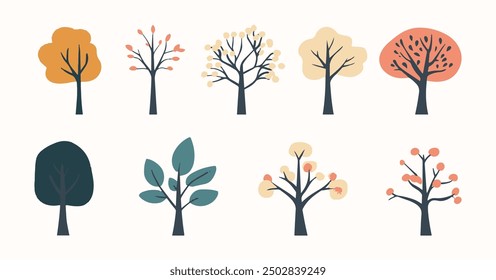 Tree and leaf collection hand drawn flat design element. botanical set of bare trees and ones with leaves and lush limited pastel color