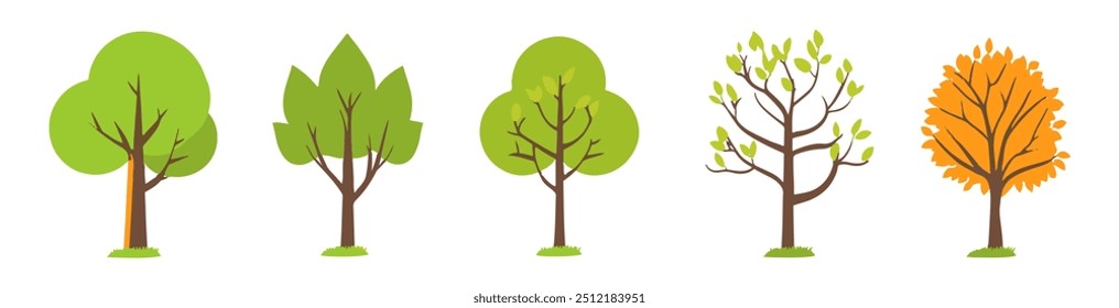Tree and leaf collection hand drawn flat design element. botanical set of bare trees and ones with leaves and lush limited pastel color