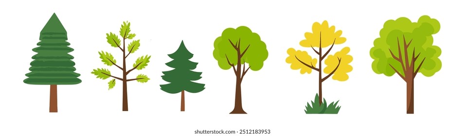 Elemento de diseño plano dibujado a mano de la colección del árbol y de la hoja. conjunto botánico de árboles desnudos y unos con hojas y color pastel limitado exuberante