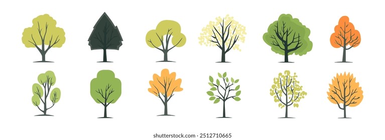 Elemento de diseño plano dibujado a mano de la colección del árbol y de la hoja. conjunto botánico de árboles desnudos y unos con hojas y color pastel limitado exuberante