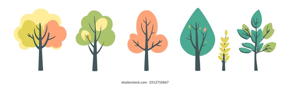 Elemento de diseño plano dibujado a mano de la colección del árbol y de la hoja. conjunto botánico de árboles desnudos y unos con hojas y color pastel limitado exuberante