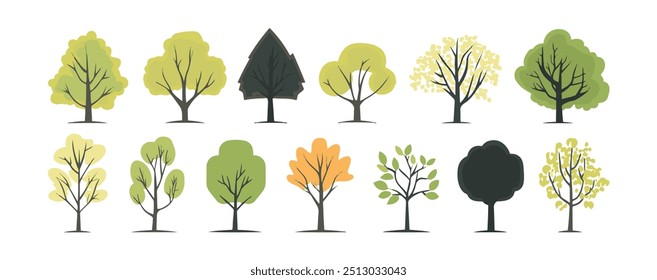 Tree and leaf collection hand drawn flat design element. botanical set of bare trees and ones with leaves and lush limited pastel color
