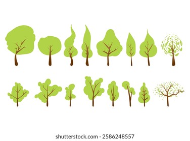 Tree and leaf collection hand drawn flat design element. botanical set of bare trees and ones with leaves and lush limited pastel color. vector Eps