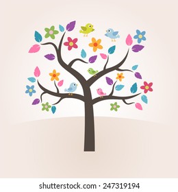 Tree Leaf Color Cartoon with Bird for Kids.