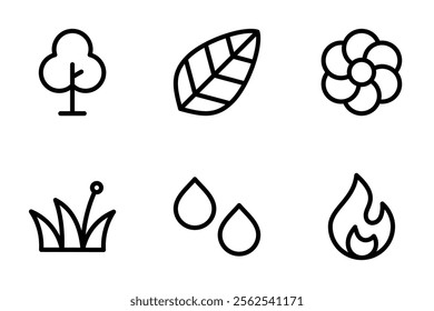 tree, leaf, flower, grass, waterdrop, fire icon set