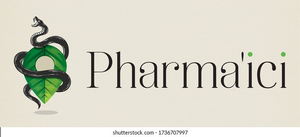 A tree leaf forming a locating pin surrounded by a snake. Pharma and medical logo