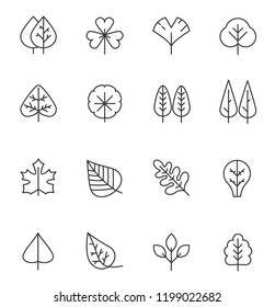 Tree and leaf line icons set. Natural stroke symbol, wooden trunk and outline branches for map.