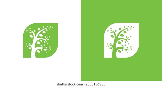 Tree and leaf logo inside abstract letter P, leaf logo, ecological logo