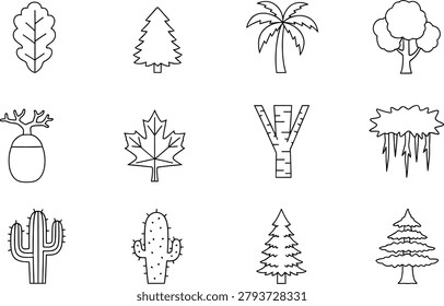 Tree leaf outline icon collection featuring various plant species shapes