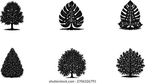 Baum- und Blattsilhouettensymbole, schwarze Natursymbole, Laubstile, botanische Elemente, Waldgrafiken, minimales Design, Outdoor-Kunstset