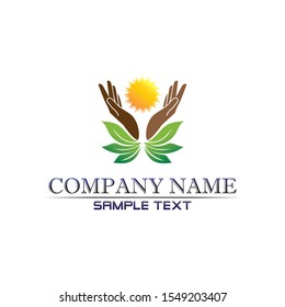 Tree leaf sun water drop vector logo design hand friendly concept