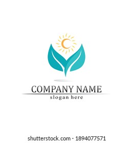 Tree leaf vector and green logo design friendly concept sun care logo healthy nature