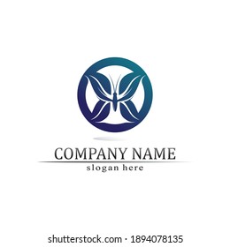 Vector de hoja de árbol y diseño de logotipo verde concepto amigable diseño mariposa naturaleza