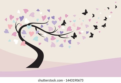  tree with leaf , vector illustration.vector flat tree with butterfly Icon