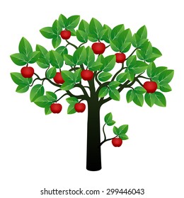Tree, Leafs and Red Apples. Vector image.