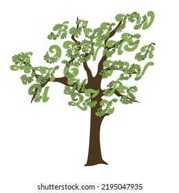 A tree with a leafy cap made of stylized letters. Alphabet from oak leaves and acorns on a tree