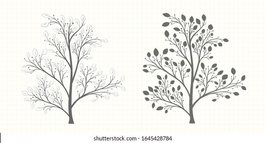 Tree with leaves and berries in a gray tone in vintage style in two versions on a notebook sheet
