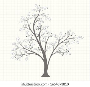 Tree with leaves and berries in a gray tone in vintage style on a notebook page on a light background