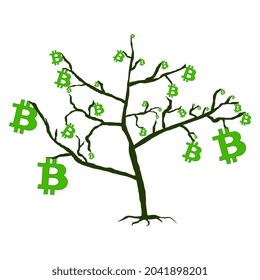 Tree with leaves from bitcoins isolated white. Bitcoin growth concept. Vector illustration.