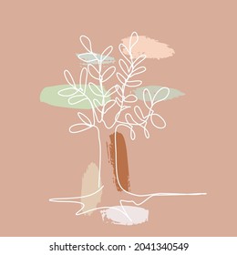 Tree with Leaves in Continuous Line Drawing and Muted Colours. Sketchy Growth Concept. Outline Simple Artwork with Editable Stroke. Vector Illustration.