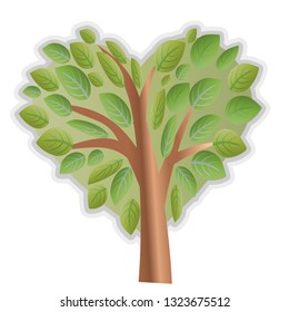 Tree with leaves, crown in the shape of a heart with leaves. Tree with love for nature