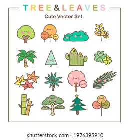 Tree and leaves cute vector set collection. Tree with kawaii cartoon character illustration. forest tree nature plant in all season autumn spring, summer, winter