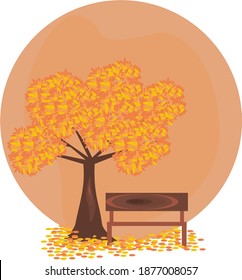 un árbol con hojas que caen en otoño acompañado de un asiento