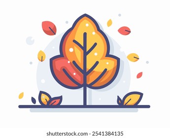Tree with leaves falling off it. The leaves are orange and yellow. The tree is in the middle of a white background