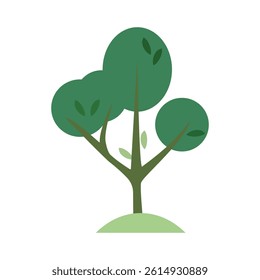 Tree and leaves in flat style. Simple lush tree, botanical element collection isolated on white background.  Vector design