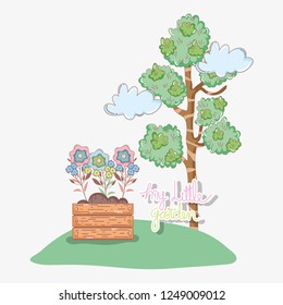 tree leaves with flowers inside plant pot and clouds