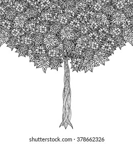 Tree with leaves and flowers. Vector. Coloring book page for adults. Hand drawn. Bohemia concept for wedding invitation, card, ticket, branding, logo, label. Black and white
