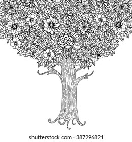 Tree with leaves and flowers. Vector. Coloring book page for adults. Hand drawn. Black and white