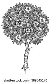 Tree with leaves and flowers. Vector. Coloring book page for adults. Hand drawn. Bohemia concept for wedding invitation, card, ticket, branding, logo, label. Black and white