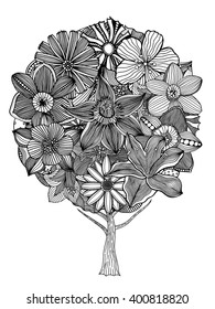 Tree with leaves and flowers. Vector. Coloring book page for adults. Hand drawn. Bohemia concept for wedding invitation, card, ticket, branding, logo, label. Black and white