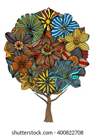 Tree with leaves and flowers. Vector illustration