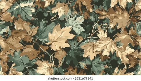 Tree leaves forest camouflage seamless pattern design pattern for hunting and military uniform. Hunting camouflage. Vector forest leaves texture
