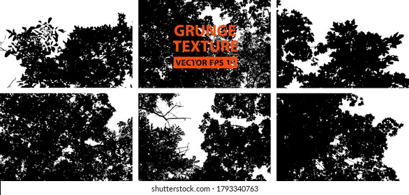 Hojas de árbol. Fondo de naturaleza forestal. Textura gruesa. Sobreposición vectorial en blanco y negro. Superficie gruesa de grano.
