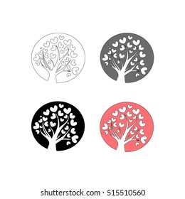 Tree with leaves in form of heart. Round icon, silhouettes of hearts. Set of vector illustrations